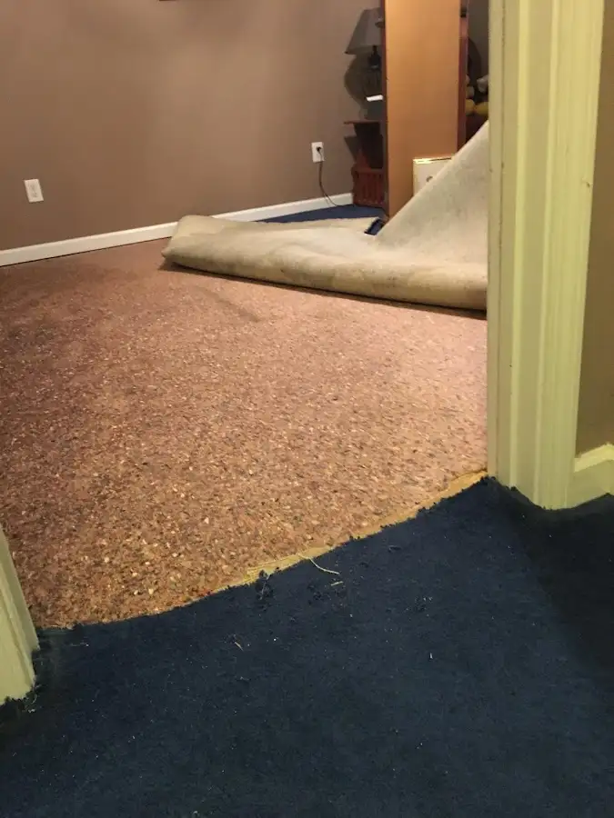 Carpet pad removal revealing water damage during Drying & Dehumidification in Garden City